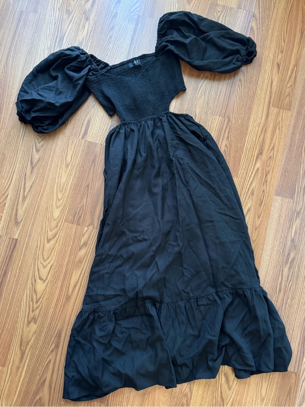 O.P.T Black Smocked Puff Sleeve Maxi Dress Size XL NWT